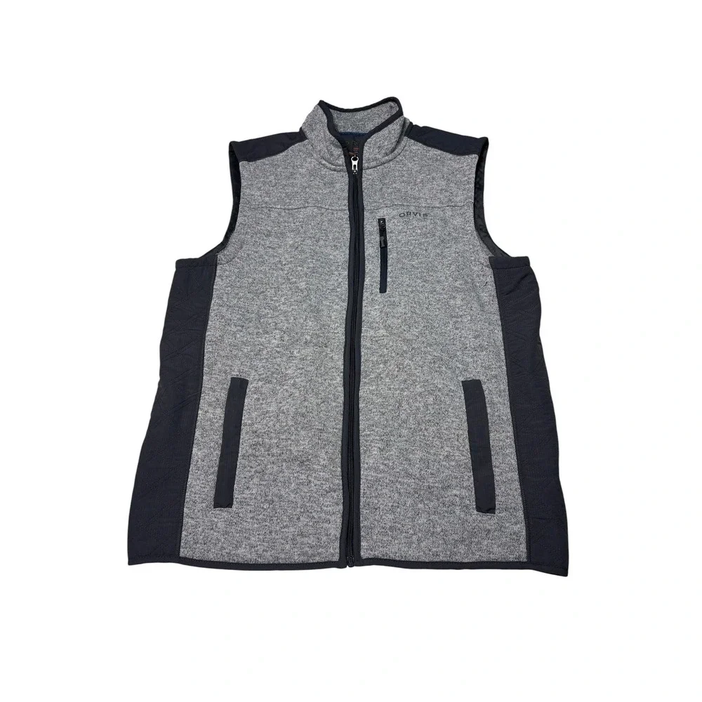 Orvis Mens Full Zip Sweater Fleece Vest Gray Navy Blue Quilted Trim Large